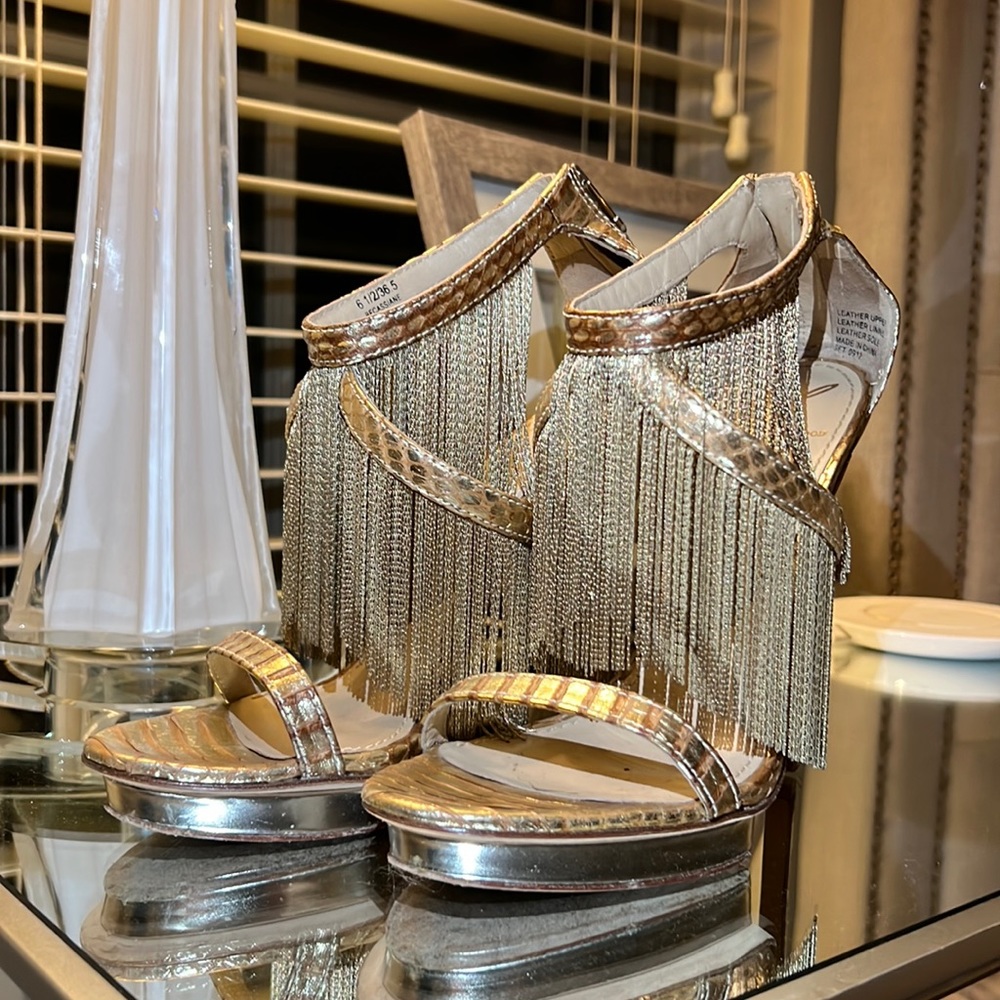 Brian Atwood Gold Metal Fringe Back Zip Sandal Heel - 6.5